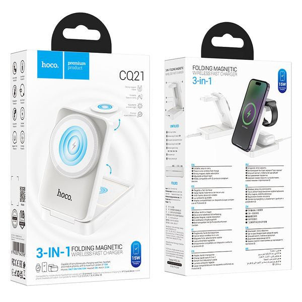 3-in-1 folding magnetic wireless fast charger in white, featuring a compact design and multiple charging options.