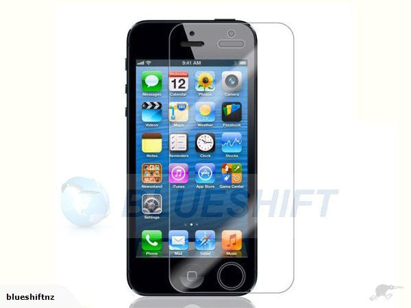 Clear screen protector displayed on an iPhone 5, showcasing the phone's vibrant app icons and sleek design.