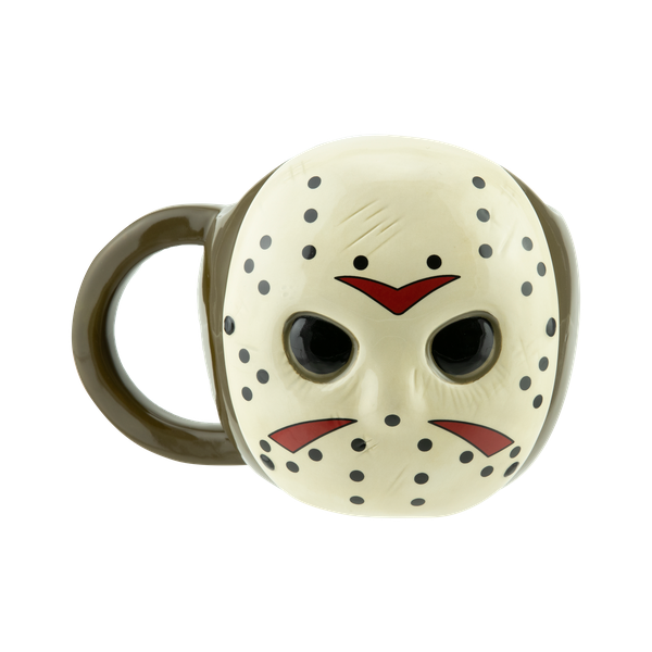 Hockey mask mug featuring black dots and red accents, perfect for horror movie fans and collectors.