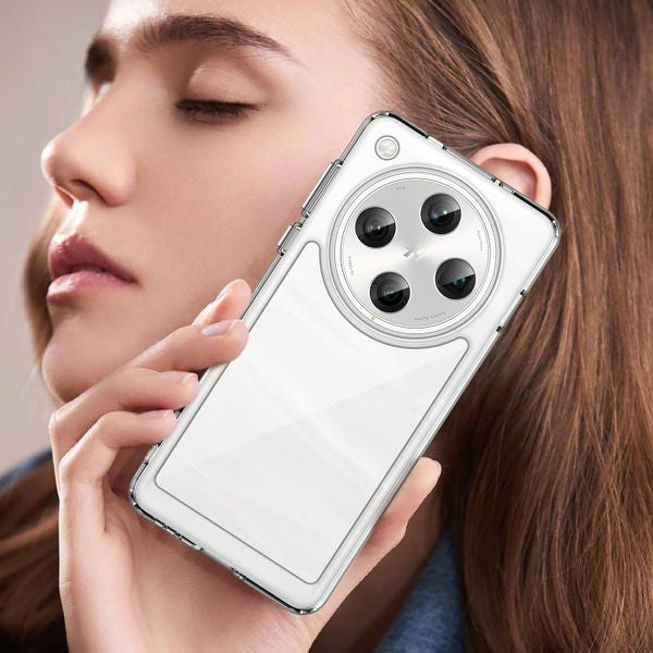 Clear protective phone case displayed next to a woman, featuring a sleek design and triple camera cutout.