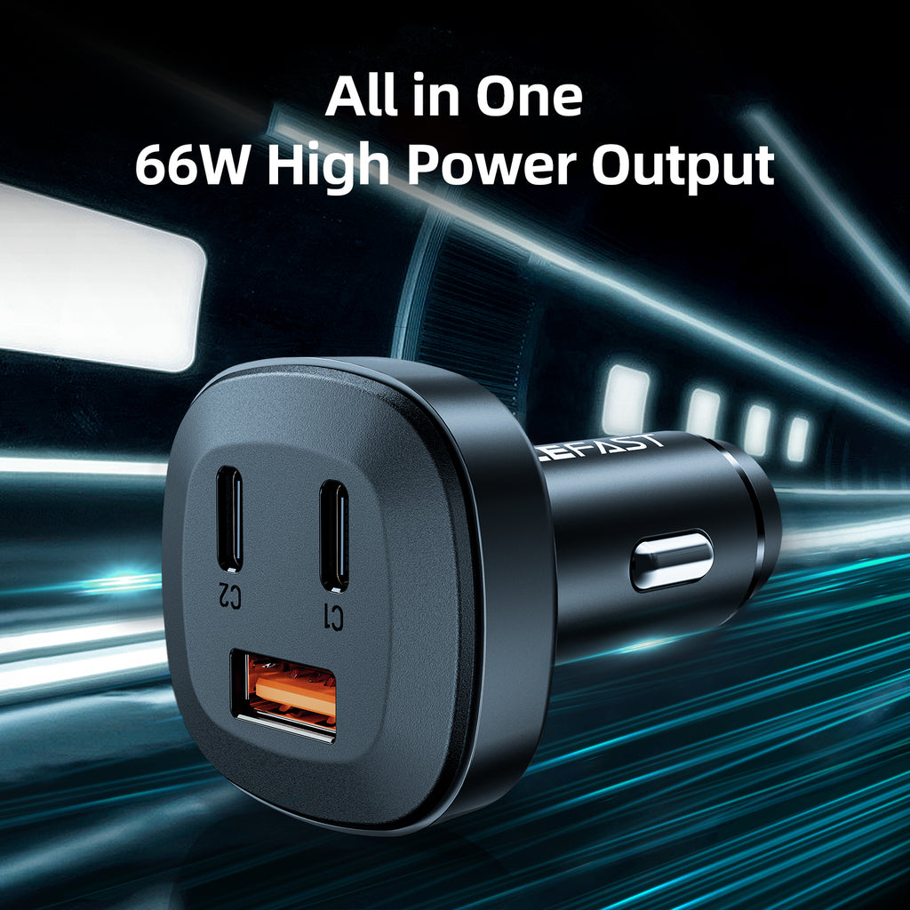 Acefast 66W 3-Port Super Fast Car Charger w/ 2 x USB-C + UAB-A, Zinc Alloy Body (B3)