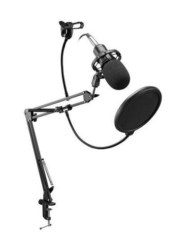 BRATECK Podcasting Microphone with Clamp-on Table Mount, Windshield, & Phone Holder. 72cm Boom Arm, XRL Female to 3.5mm, Microphone Cable 2.5m/8.2 ft, Dual Suspension