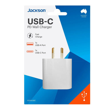 JACKSON 18W Dual Port USB Wall Charger with 1x USB-A & 1x USB-C Ports. Fast Charge 18W PD.