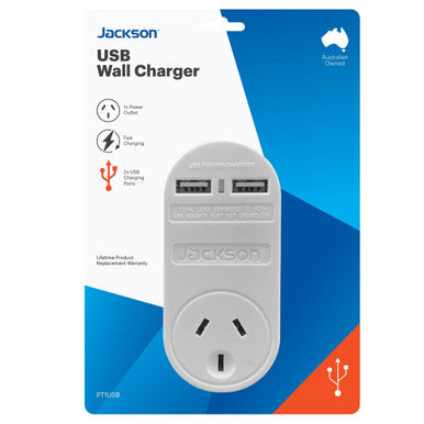 JACKSON Single Plug USB Wall Charger - 2x USB Charging Outlets (2.1A total) Power status indicator and a 240V mains outlet.