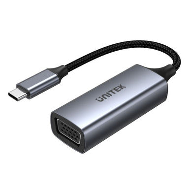 UNITEK Slim USB-C to VGA Converter. Convert USB-C to VGA. Aluminuim Housing with Braided Nylon Cable. Supports Resolution up to 1080p@60Hz. Plug & Play. V1413A