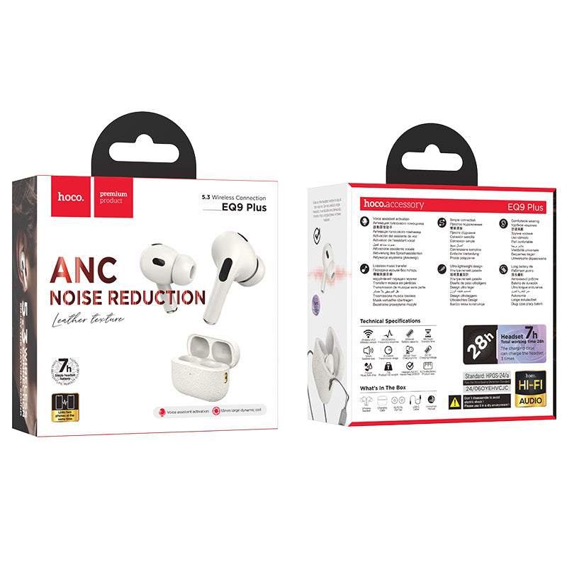 TWS Earbud w/ 7 Hour, Battery % Display, ANC Noise Cancelling, Leather Case & Strap (EQ9 PLUS)