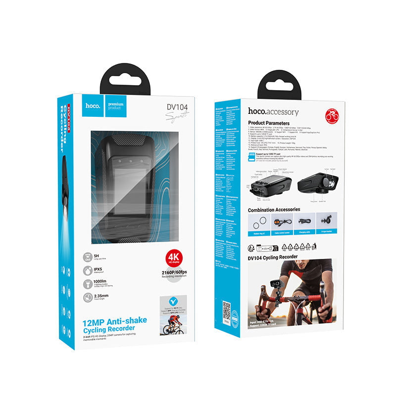 Hoco Dash Cam for Bike & Motorbike w/ 4K 2160P/60FPS, 12MP Anti Shake Camera, IPX5 Waterproof, LED Torch (DV104)