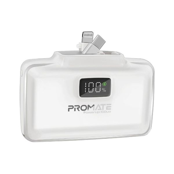 PROMATE 10000mAh Ultra-Compact Fast Charging Power Bank with In-Built Dual Folding USB-C & Lightning Connectors. Supports 20W PD, USB-C In/Out, Smart LED Battery Indicator. Black
