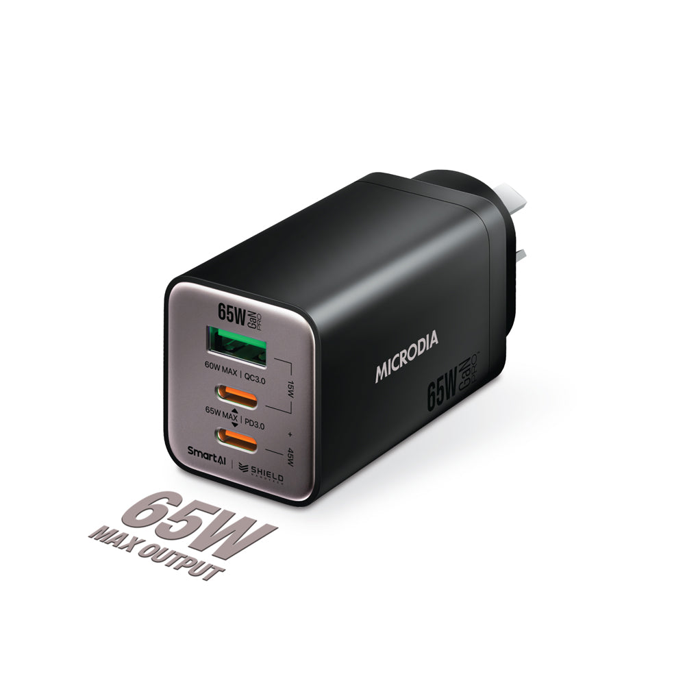 Microdia Smartcube Nano 65W Tri Port Gan Wall Charger - Black