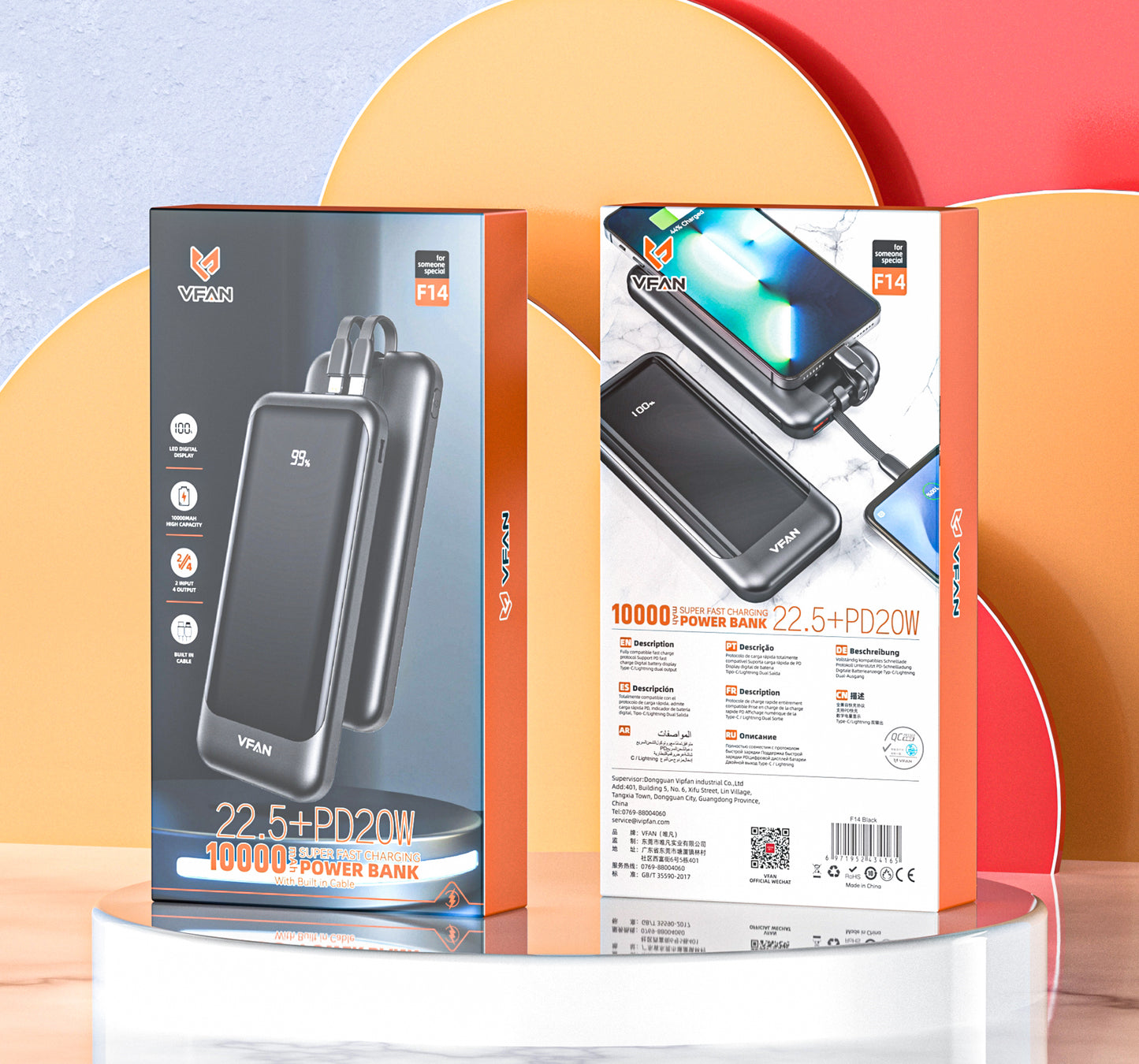 Vipfan PD 20W Power Bank w/ LED % Display 2 Cables (10000mAh) (F14)