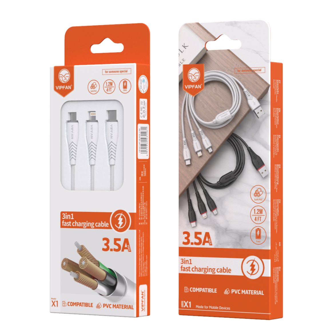 Vipfan 3 in 1 Fast Charge USB Cable - Black (X1)