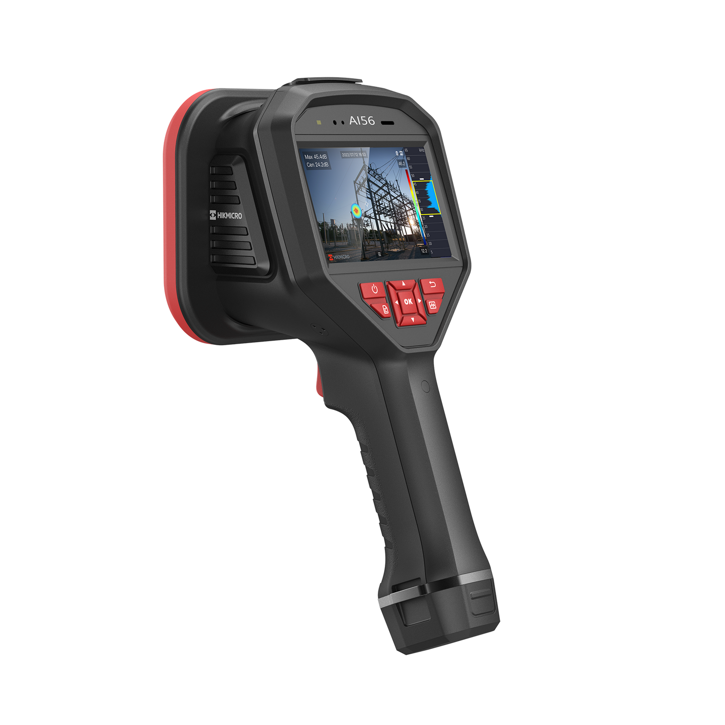 HIKMICRO AI56 Wi-Fi Acoustic Imaging Camera. 4.3" Touch Screen. 2688 x 1944 (5 MP) Visual Camera. 64 Low-noise MEMS Microphones.