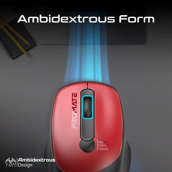 PROMATE EZGrip Ambidextrous Ergonomic Wireless Mouse. 800/1200/1600Dpi Plug & Play (UNIGLIDE-RED)