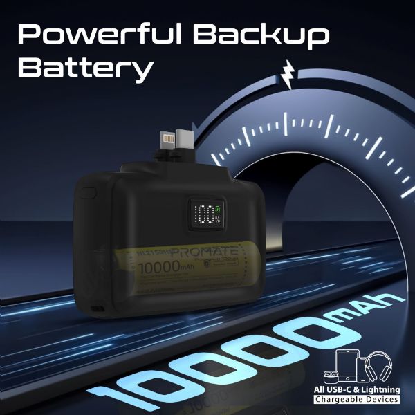 PROMATE 10000mAh Ultra-Compact Fast Charging Power Bank In-Built Dual Folding USB-C & Lightning (POWERUP-10DUO-BL)