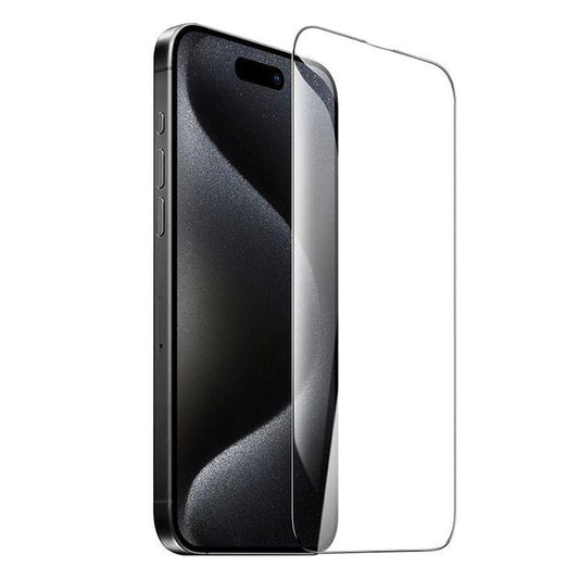 Clear screen protector displayed next to a sleek black smartphone with a glossy finish.