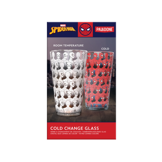 Spiderman cold change glass set showing a clear cup at room temperature and a red cup when cold.