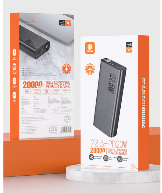 VIPFAN 22.5W PD+QC Power Bank w/ LED Display (20000mAh) (F07)