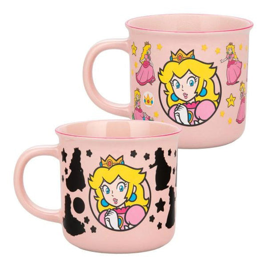 Cute pink mugs featuring Princess Peach designs with stars and silhouettes, perfect for collectors and fans.