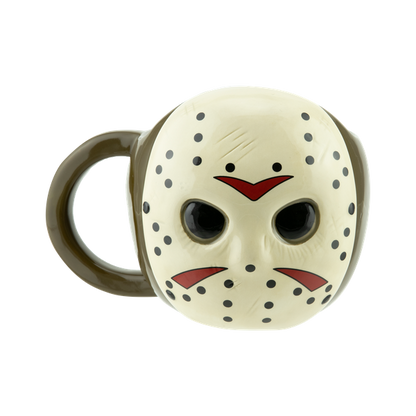 Hockey mask mug featuring black dots and red accents, perfect for horror movie fans and collectors.