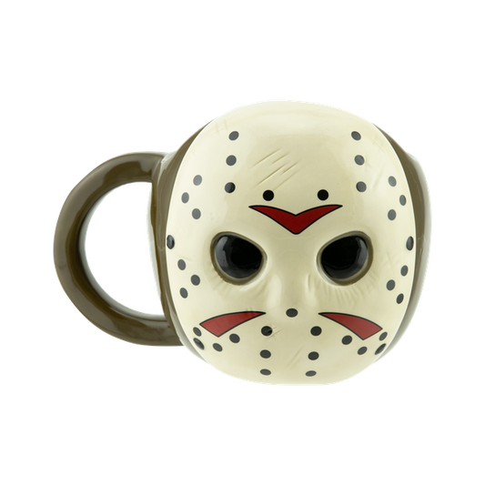 Hockey mask mug featuring black dots and red accents, perfect for horror movie fans and collectors.