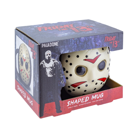Friday the 13th themed shaped mug in a box featuring Jason's iconic hockey mask design.