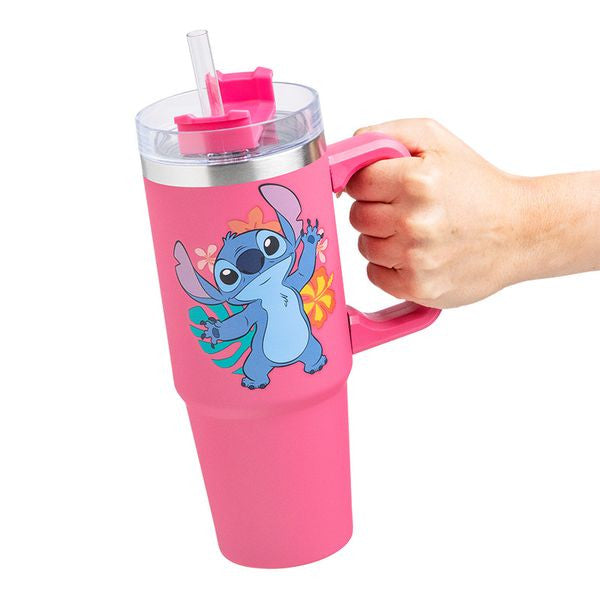 Pink tumbler featuring Stitch from Disney, designed with a handle and straw for easy sipping.