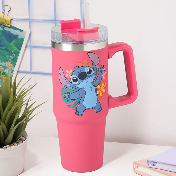 Pink travel mug featuring Stitch with a floral design, clear lid, and reusable straw, perfect for on-the-go drinks.