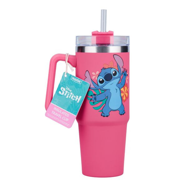 Pink insulated travel cup featuring Stitch from Disney, with a handle and a colorful floral design. Perfect for on-the-go hydration.