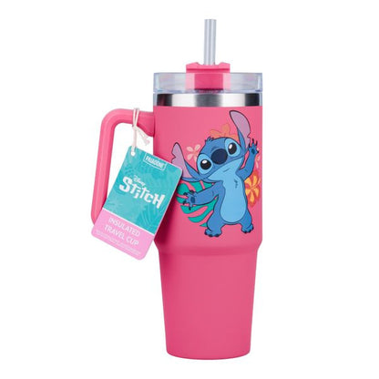 Pink insulated travel cup featuring Stitch from Disney, with a handle and a colorful floral design. Perfect for on-the-go hydration.