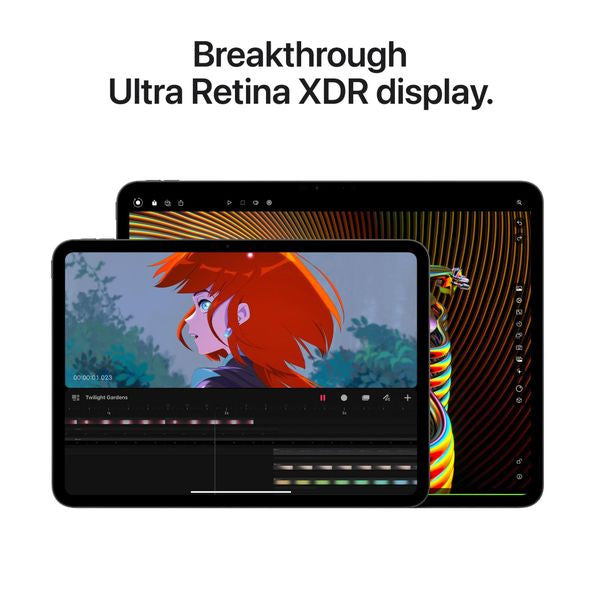 Apple’s Ultra Retina XDR display showcasing vibrant animation and video editing features on sleek tablets.