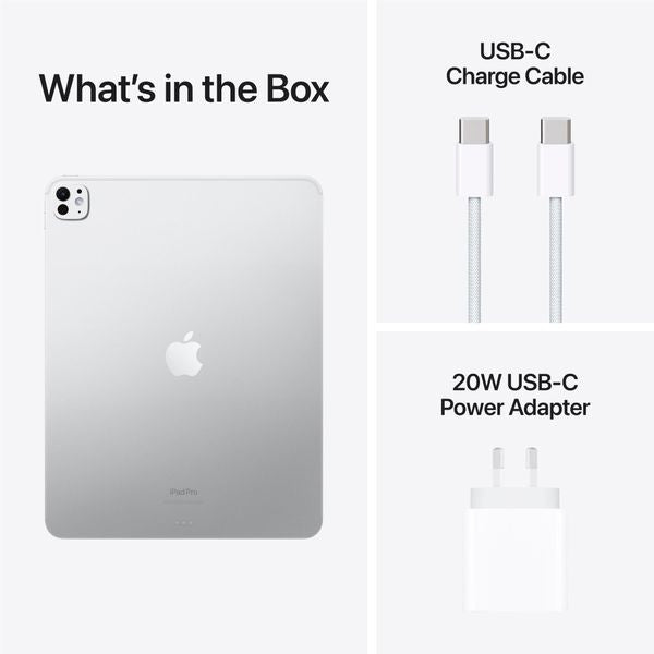 iPad Pro with USB-C charge cable and 20W power adapter, shown in a clean, minimalistic layout.