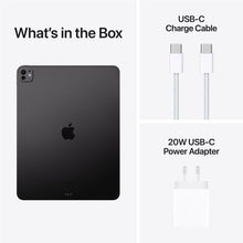 Black iPad Pro with USB-C charge cable and 20W USB-C power adapter included in the box.