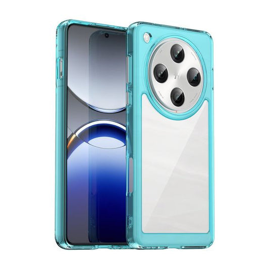 Transparent turquoise phone case showcasing a sleek design with a rounded camera cutout and glossy back panel.