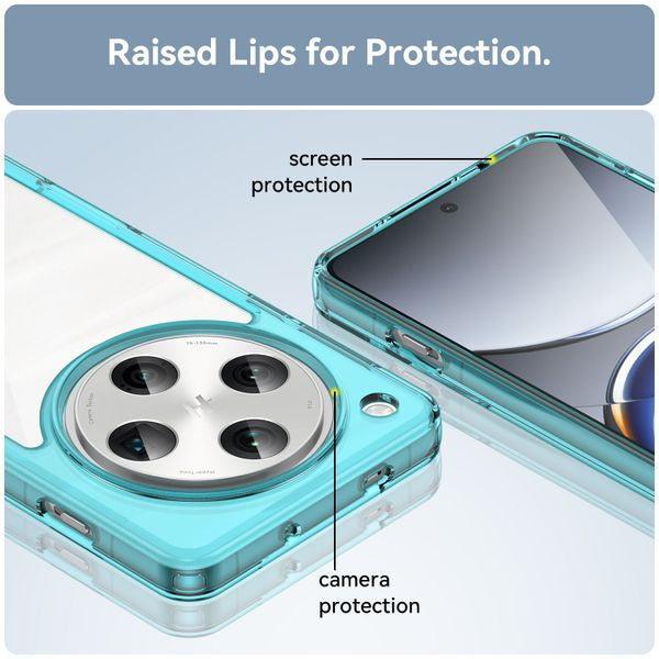 Transparent phone case in vibrant turquoise, showcasing raised lips for screen and camera protection.
