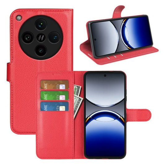 Red leather phone case with card slots and cash compartment, featuring a foldable design for easy viewing.