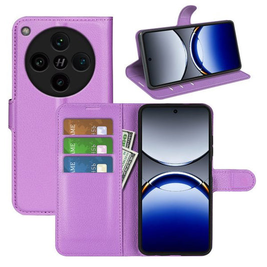 Purple wallet phone case with card slots, stand function, and cash holder, compatible with camera lens design.