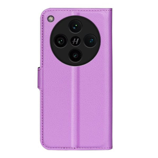 Purple leather smartphone case with circular cutout for rear cameras, featuring a stylish foldable design.