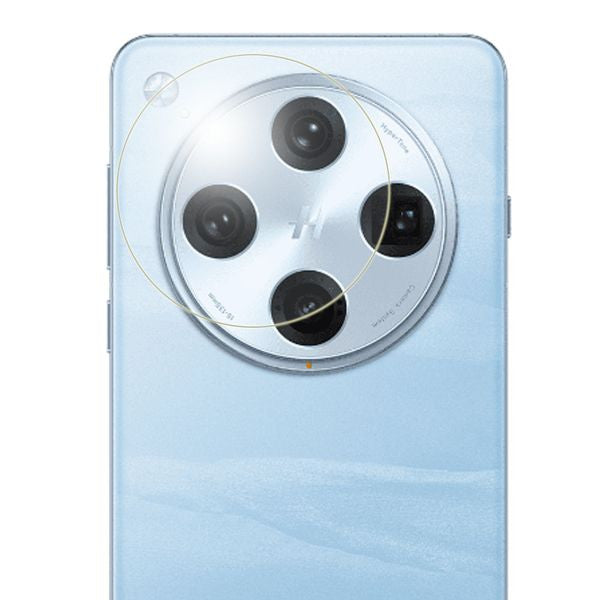 Smartphone in light blue with a circular camera module featuring four lenses on the back.
