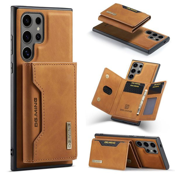 Brown leather wallet case for smartphones, featuring card slots and a sleek design, ideal for protection and style.