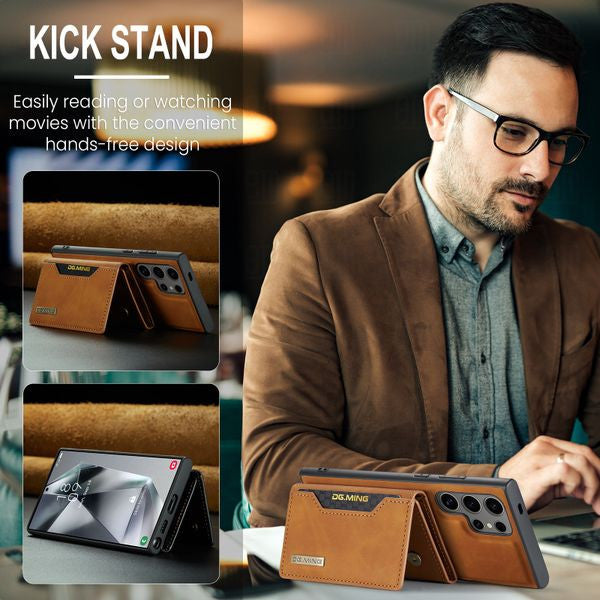 Brown kickstand case allowing hands-free viewing, displayed with a man using it in a cafe setting.