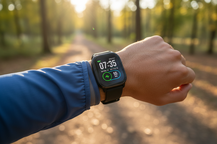 A category landing page for a smart watch. A watch on an arm during a run outdoors