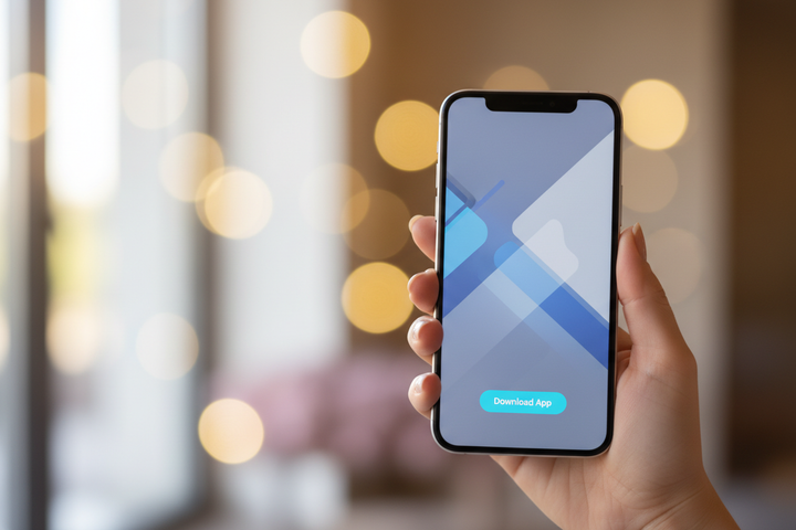 A mobile phone landing image, simple with someone holding a phone with a blurred background