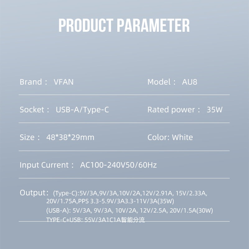 Vipfan 35W Gan Ultra Fast Charger W/ Usb-C & Usb-A (Au8)