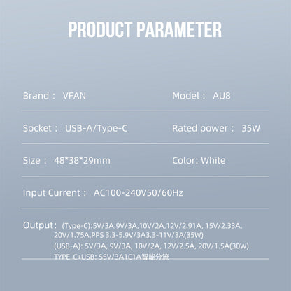 Vipfan 35W Gan Ultra Fast Charger W/ Usb-C & Usb-A (Au8)