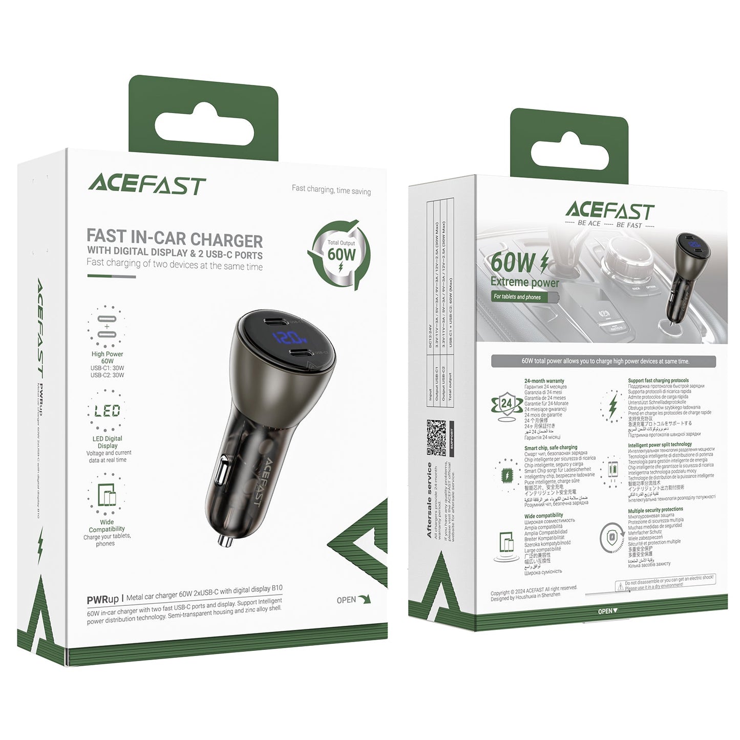 Acefast 60W Dual USB-C Super Fast Car Charger w/ Digital Display, Transparent Body (B10)