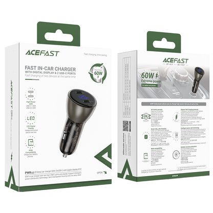 Acefast 60W Dual USB-C Super Fast Car Charger w/ Digital Display, Transparent Body (B10)