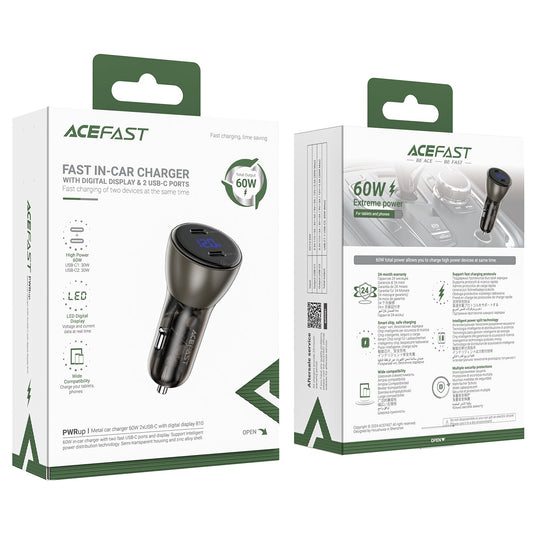 Acefast 60W Dual USB-C Super Fast Car Charger w/ Digital Display, Transparent Body (B10)