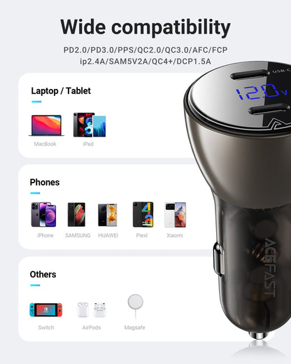 Acefast 60W Dual USB-C Super Fast Car Charger w/ Digital Display, Transparent Body (B10)