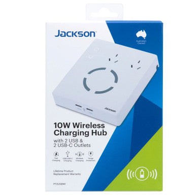 JACKSON 10W Wireless Device Charging Hub with 2x USB-A - 2x USB-C Ports & 2x 3Pin Power Outlets. Surge Protection. Power Indicator Light. Cable Management. 1.2m Lead with Right Angle Plug.