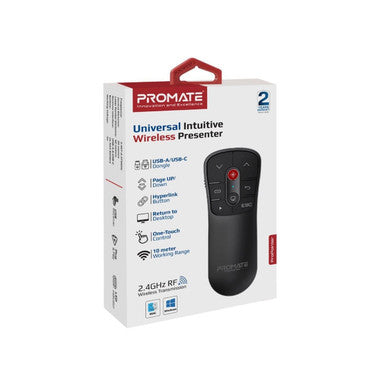 PROMATE Universal Wireless Red Laser Pointer up to 50m Laser Range Includes USB-A & C Dongle. Page Up/Down. Compatible with Mac/Win. 10m Working range. Easy Plug & Play. Black Colour.